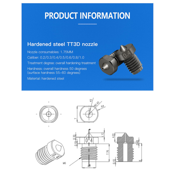 3d-skrivardelar Härdat stål Munstycke Stål 1,75 mm 0,2/0,3/0,4/0,5/0,6/0,8/1,0 mm För Creality 3 svart
