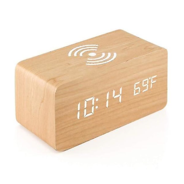 Trä digital väckarklocka med trådlös laddning justerbar ljusstyrka dimmer och larmvolym (bambu) beige