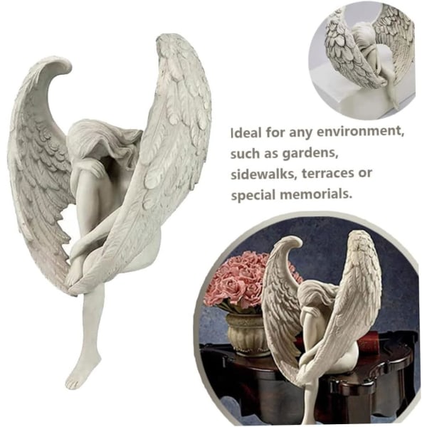 Ängel Skulptur Dekoration Bevingad ängel Trädgårdsstaty 3D Sittande Fairy Art Ornament Trädgårdsprydnader grå