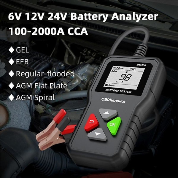 Bm550 bilbatteritestare 6v 12v 24v 100-2000 2ah-220ah batterisystem Upptäck automatisk batterianalysator svart