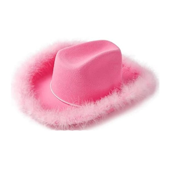 Rosa cowgirlhatt med fjäder Boa fluffig fjäderbrätte vuxenstorlek cowboyhatt för möhippa Pink