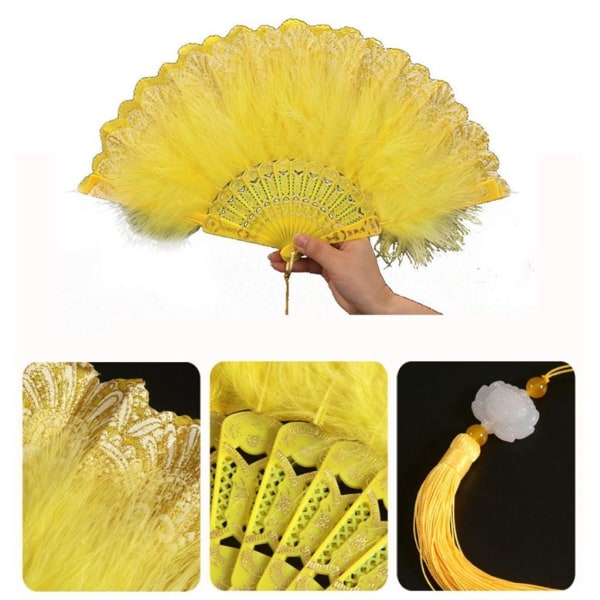 Ladies Feather Folding Fan Hand Fan Folding med hängsmycke Gift Bröllop Yellow