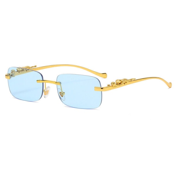 Fyrkantiga hiphop-modesolglasögon för damer för män Lyxiga guld bågelösa glasögon Blue