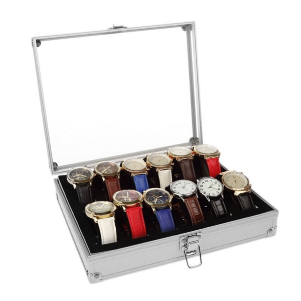 12 Aluminium watch Display Förvaringslåda Case Watch Klocksamlare silver