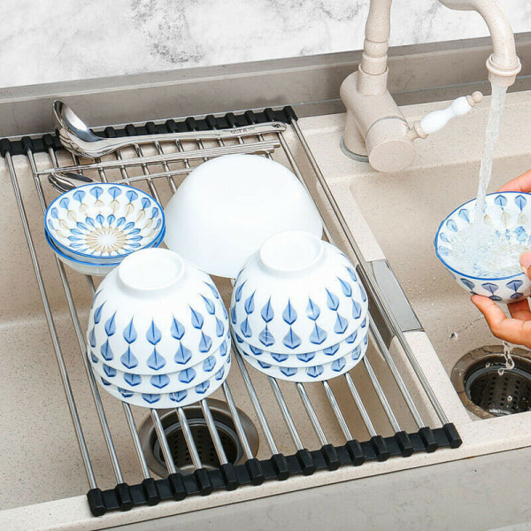 Köksdisk i rostfritt stål över diskbänk Roll-Up Dish Torkställ Dränering svart