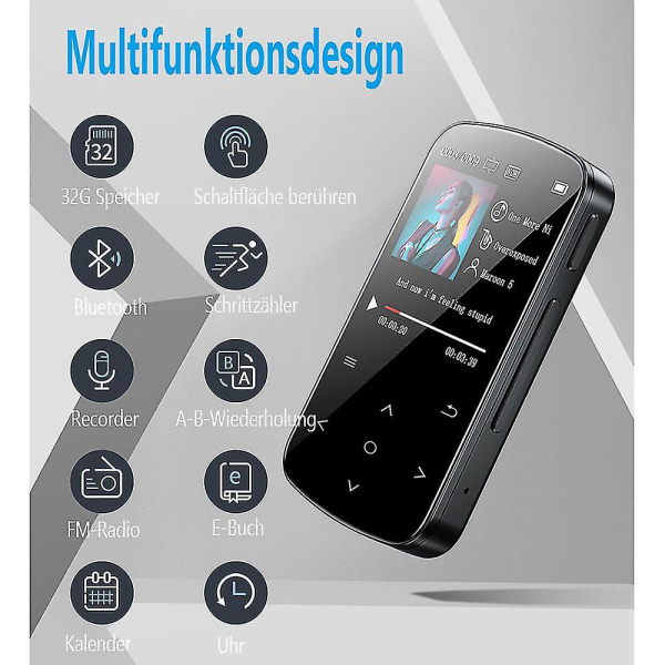 Agptek Mp3-spelare Bluetooth 5.0 Sport 32gb med 1,5 tum Tft färgskärm Mini musikspelare med Cl svart