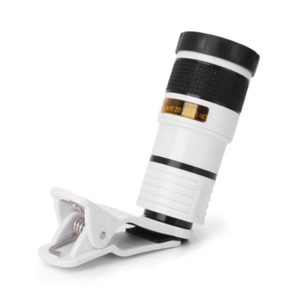 Universal HD optiskt teleskop Kameralins Zoom Clip-on för mobiltelefonlinser White 8X
