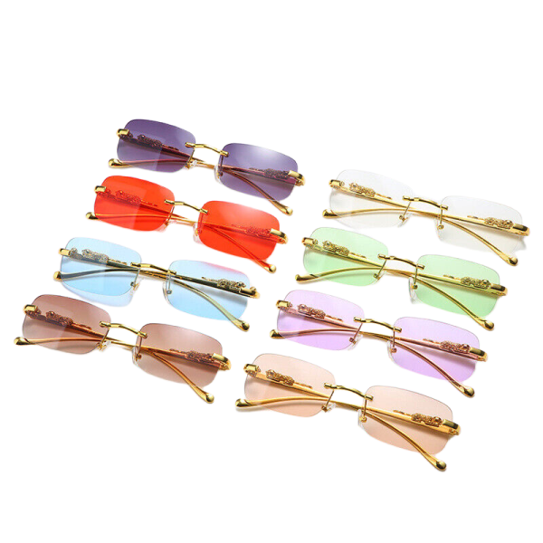 Fyrkantiga hiphop-modesolglasögon för damer för män Lyxiga guld bågelösa glasögon Tea-coloured