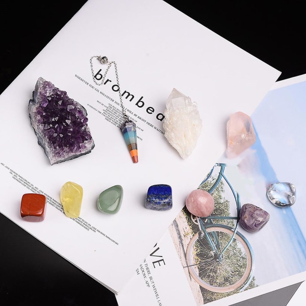 11st kristaller och helande stenar kit med trälåda 7 rå chakra pendel Ametist Rose Quartz Natur brun