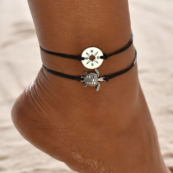 Boho Double Ankles Turtle Ankel Armband Compass Anklet svart