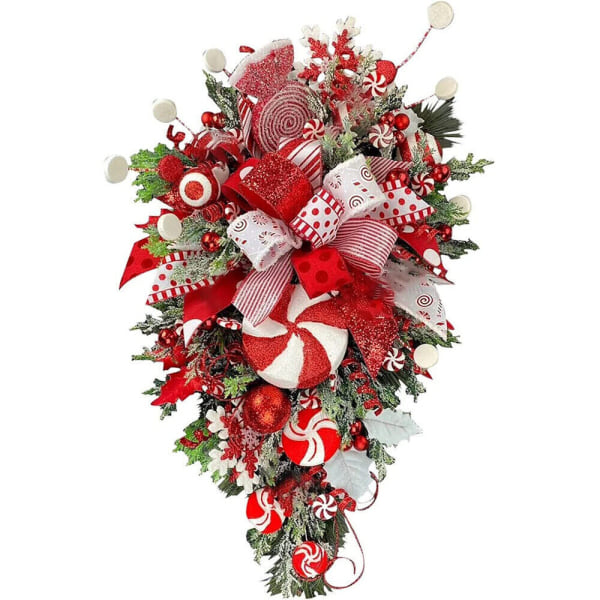 Julkrans Garland Candy Cane Bow Xmas Ornament Ytterdörr Vägg Heminredning röd