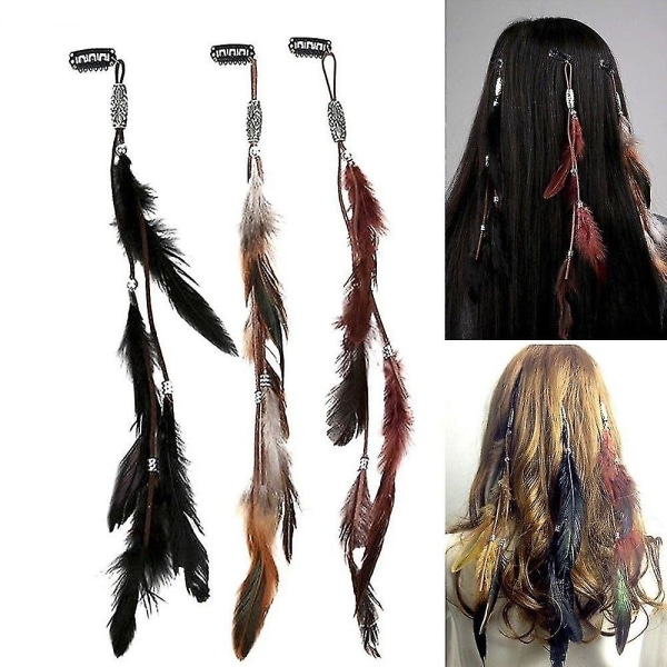 3 st fjäderhårklämma Hippie gör-det-självtillbehör Hårnål Tribal Fe Boho hårförlängningar med fjäder svart