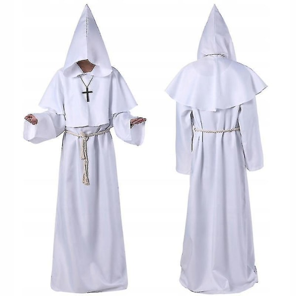 Wizard Costume Medieval Hooded Robe Priest Outfit -a White S