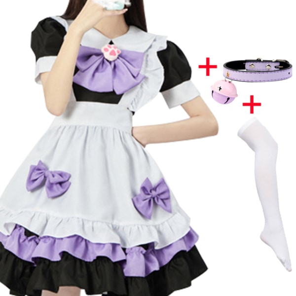 Mub- Maid Theme Restaurant Cafe Cosplay Dress Collar Bell White ocks stocking exy Dress Consume Maid Anime Maid Cosplay Costume 01 S