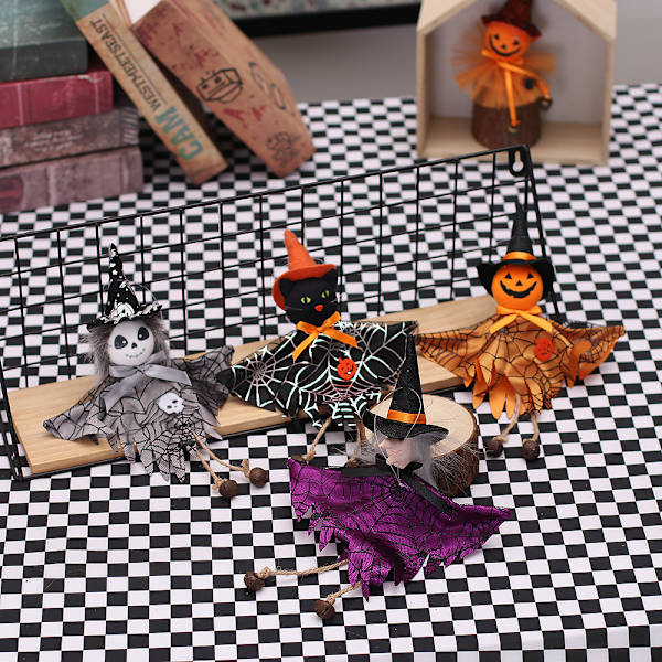 Mub- Allo Halloween ulkoilukoristeet Lomajuhlien kohtausasettelu Noita Valkoinen aave Musta kissa Mekko Kello Nukke Riipus Pumpkin