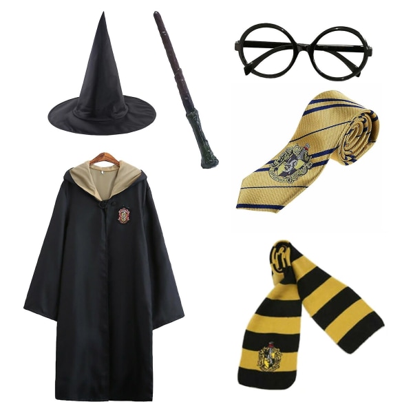 Harry Potter 6pc sæt magisk troldmand Cosplay Fancy Dress Kappe Kåbe Kostume -a Yellow 155cm (11-12 years)