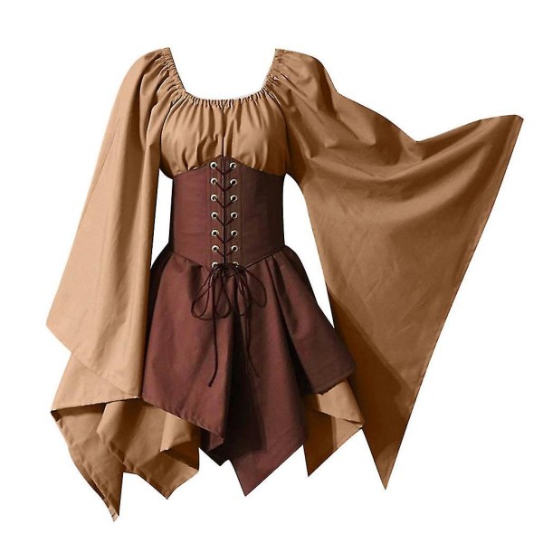 Naisten keskiaikainen cosplay-asu goottilainen vintage pitkähihainen korsettimekko Halloween -a Khaki brown XL