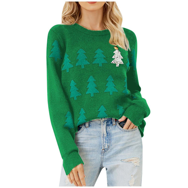 Mub- Joulukuusi jacquard joulupaita naisten rento pusero neule green XL