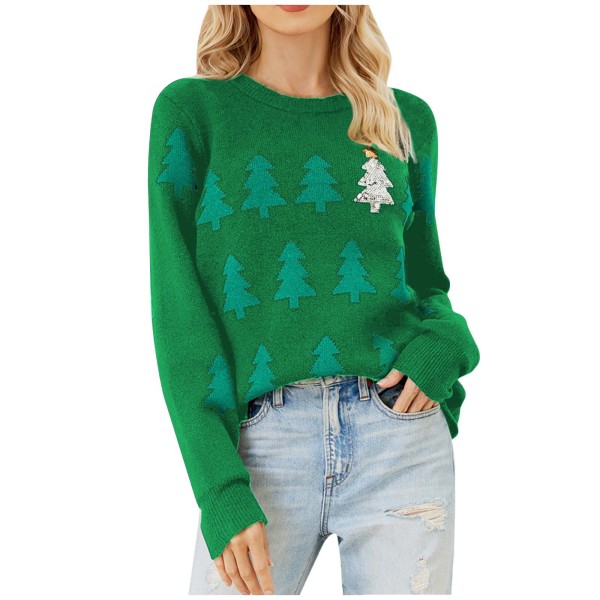 Mub- Juletræs jacquard juletrøje kvinders casual pullover strik green S