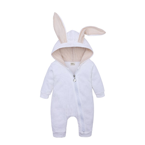 Mub- Easter Cartoon Bunny Ears Long Sleeve zipper clothing  One-piece Romper Rabbit Hooded Jumpsuit  Newborn Baby Bodysuit White 90cm