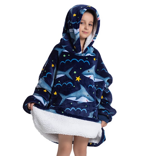 Mub- 2023 sammansatta vinterkläder förtjockade gå ut pyjamas lat tv-filt barnflanell lammull hem hoodie filt Tibetan blue shark - children