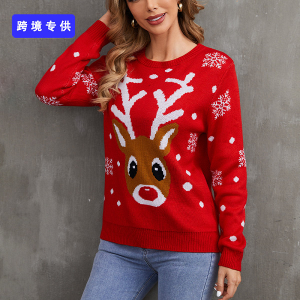 Mub- Syksy/talvi Naisten neulotut vaatteet Piirretty Jacquard Löysä Pyöreä kaula Pusero Joulupaita Red cartoon reindeer sweater 01 M