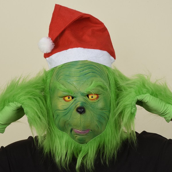 Mub- Juletyv Grønhår Hætte, Julemonster, Jaegrinch Handske Maske, Festlig Sjov Head cover + gloves + cap