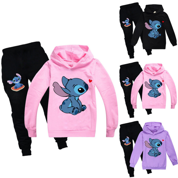 Barn Lilo & Stitch Hoodie Sweatshirt Långa joggingbyxor Träningsoverall -a Pink 160cm