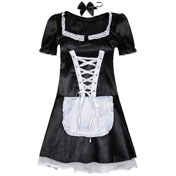 Women's French Maid Costume Sexy Black Satin Halloween Fancy Dress M-3xl -a XL