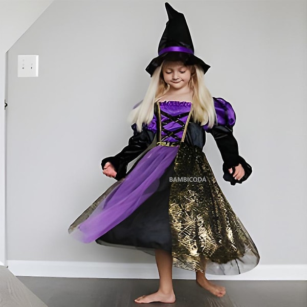 Halloween Barn Kostyme for Jenter Heks Fest Gotisk Spøkelse Kostyme Barn Kjole Robe Tutu Kjole Heks Hatt For Purim Karneval Fest -a c3 4T(110)