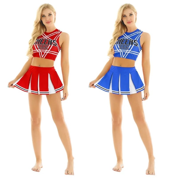 Kvinde Japansk Skolepige Cosplay Uniform Pige Sexy Lingeri Ærmeløs Crop Top med ini Plisseret Nederdel Cheerleader Kostume Sæt -a Navy Blue M