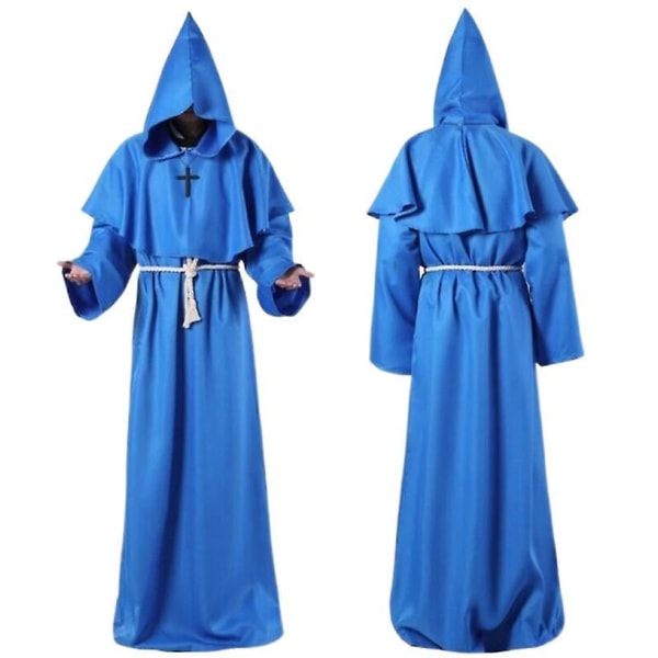 Halloween Cosplay Kostyme Antik Kostyme Medieval Munk Robe Munk Kostyme Trollmann Kostyme Prest Cos Kostyme FPDM blue XL