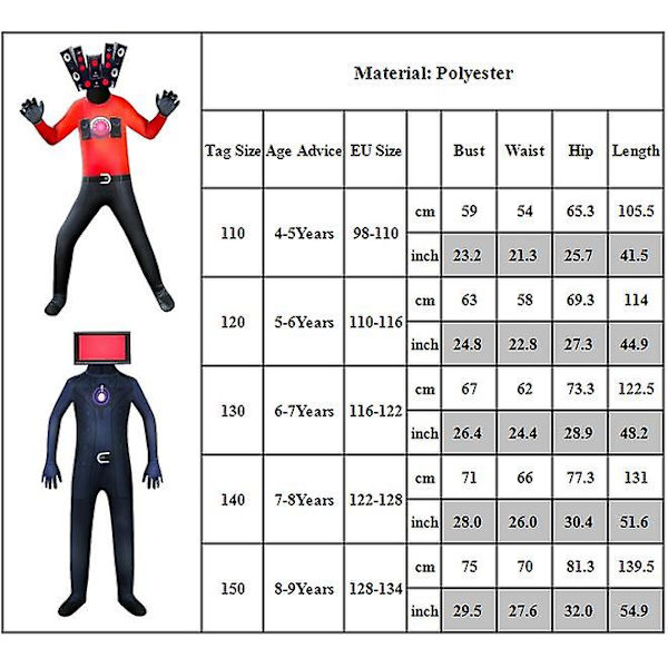 Skibidi WC-kauhupeli Cosplay Jumpsuit Performance-asu Lapset Pojat Tytöt TV Mies Kameramies Halloween Karnevaali Fancy Dress Up -a Monitor man 8-9 Years
