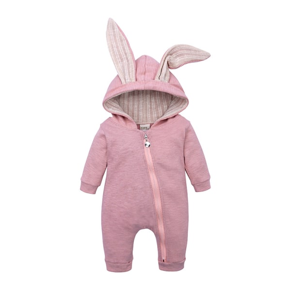 Mub- Easter Cartoon Bunny Ears Long Sleeve zipper clothing  One-piece Romper Rabbit Hooded Jumpsuit  Newborn Baby Bodysuit Pink 90cm