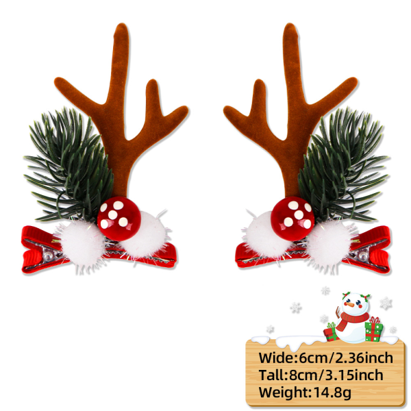 Mub- Christmas Deer Horn Hairpin Party Decoration Christmas Gifts Duckbills Butterflies Bells Pairs Brown antler pine needles