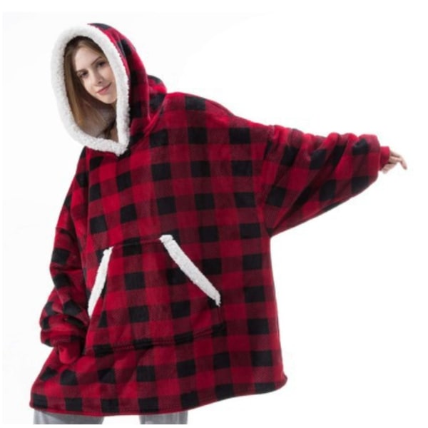 Mub- TV-fleece förtjockad förlängd pyjamas varm TV-filt utomhus kall morgonrock hoodie filt Red checkered Length 80*130cm
