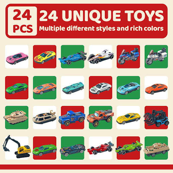 Xbi - Jule-adventskalender blind box 24 dage legering bil model legetøj til børn gaver