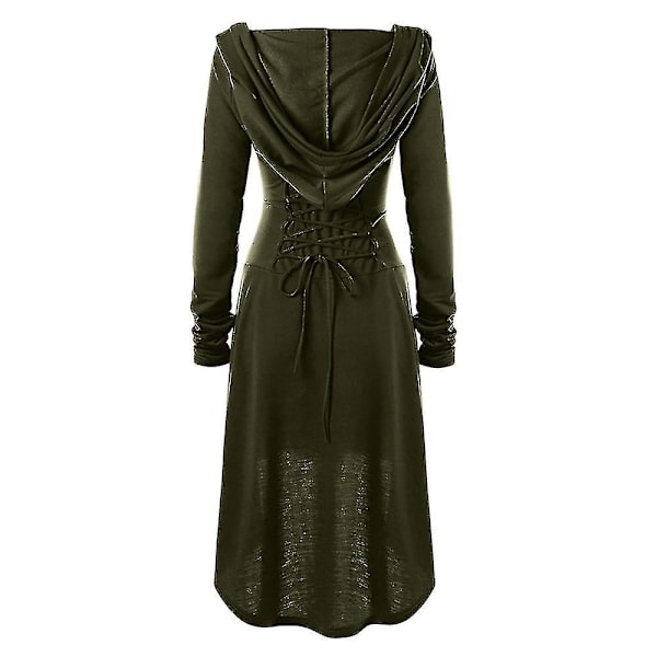 Retro Dame Solid Renæssance Middelalderlig Kostume Gotisk Langærmet Snørebånd Hætte Kjole -a Army Green M