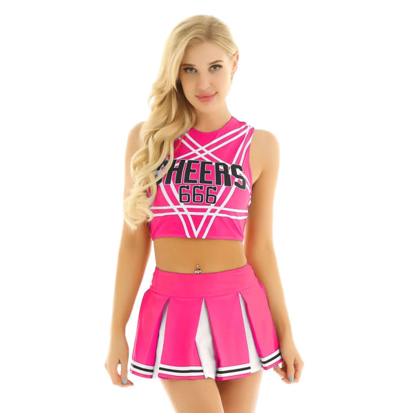 Naisten japanilainen koululaispuku Cosplay-asu Tyttö Seksi Alusvaatteet Hihaton Lyhyt Toppi Mini Pliseerattu Hame Cheerleader-asusetti -a Hot Pink XL