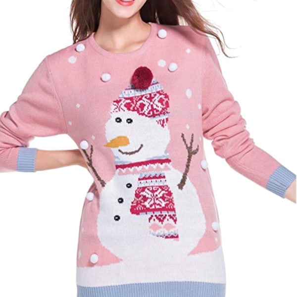 Mub - Syksyn/talven naisten neulotut vaatteet Piirretty Jacquard Löysä Pyöreä kaulapaita Joulupaita Pink Christmas sweater XXL