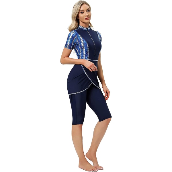 Women Modest Swimwear Islamic Muslim Swimsuit Short Sleeve Zipper Front Top Shorts Pants Hijab 3pcs Swimming Costume S-4xl Xinmu -a Blue XL