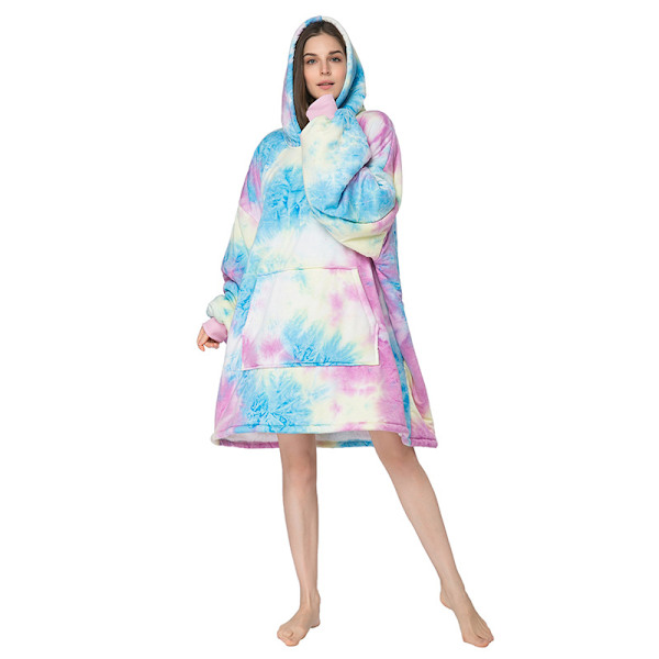 Mub- Förtjockad pullover lat filt för att hålla varma hemkläder batikfärgad flanell lat kostym hoodie filt Powder blue - tie-dye