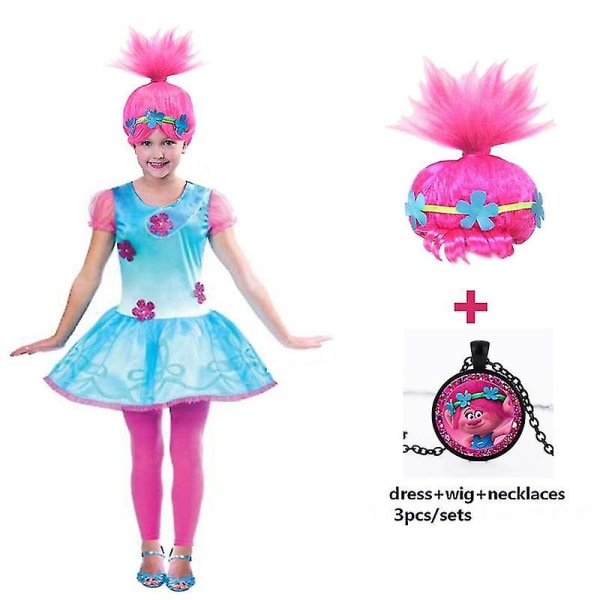 Girls Dresses Trolls Poppy Cosplay Costumes Dress For Girls Streetwear Halloween Clothes Kids Necklace Wig Fancy Girl Dress -a 868 110(3-4Y)