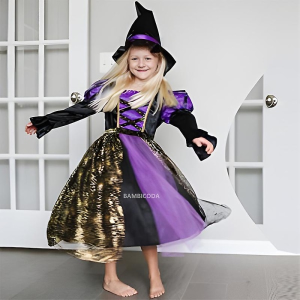 Halloween Children Girls Witch Party Dress Gothic Ghost Costume Kids Gown Robe Tutu Dress Witch Hat For Purim Carnival Party -a c4 5-6T(120)