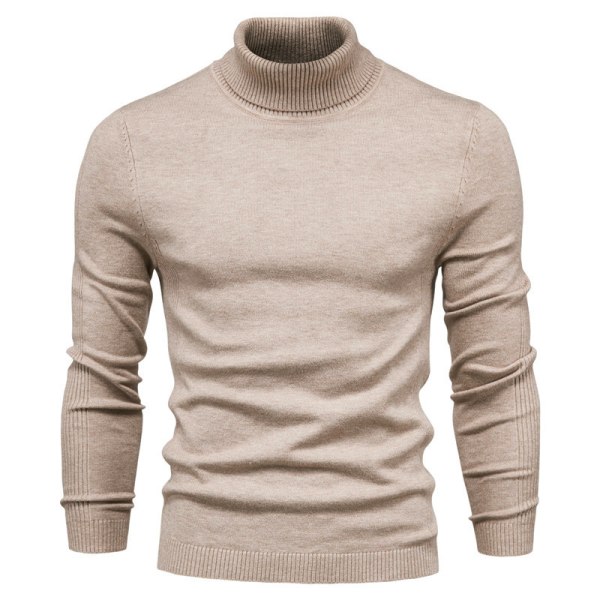 Mub - Høst og vinter ny casual herre ensfarget pullover genser høy hals herre casual strikket tråd khaki XL is suitable for 75-82kg