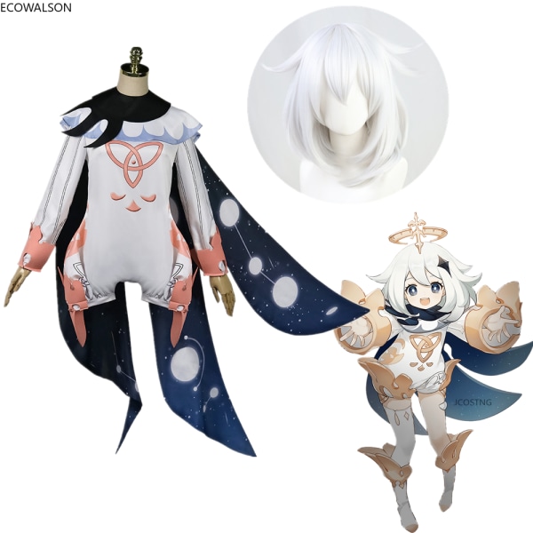 Mub- ecowalson Game Genshin Impact Tøj Paimon Cosplay Kostume til Kvinder Piger Halloween Fest Cosplay Uniform Fuld Sæt Kort Paryk wig and cloth S