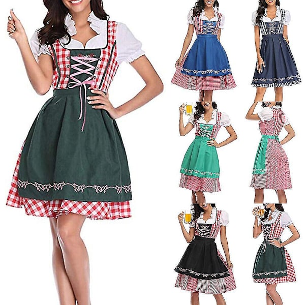Naisten Oktoberfestin olutneitoasu - Baijerilainen perinteinen Dirndl-mekko Karnevaali CNR Tummanvihreä -a Denim Red Check M