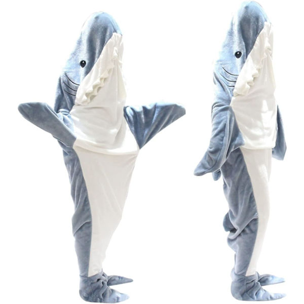 Ny pyjamas Shark ett stycke vuxen supermjuk mjuk flanellhuvtröja sovsäck som kan bäras löst Blue L