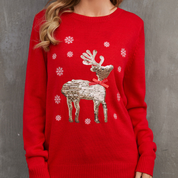 Mub - Efterår/vinter Kvindernes strikkede tøj Tegneserie Jacquard Løs Rund hals Pullover Juletrøje Red sequined reindeer sweater S