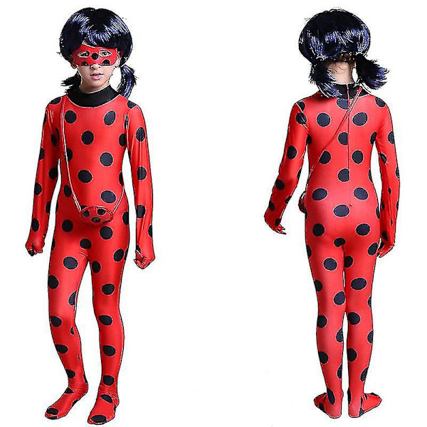 Bimirth Kids Girl Ladybug Cosplay Set Halloween Party Jumpsuit Fancy Dress Kostym med ögonbindel, peruk, väska-yky 120(110-120CM)